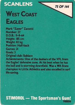1988 Scanlens VFL #75 Mark Zanotti Back